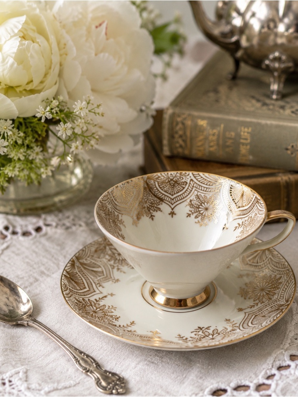 Vintage Edelstein Bavaria Germany Gold Floral Porcelain Teacup & Saucer MCM